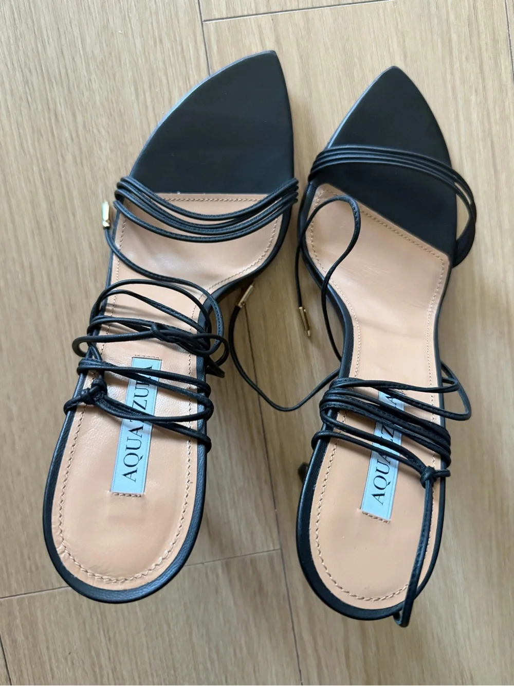 Aquazzura Black Pointed Strappy Lace-Up Flats